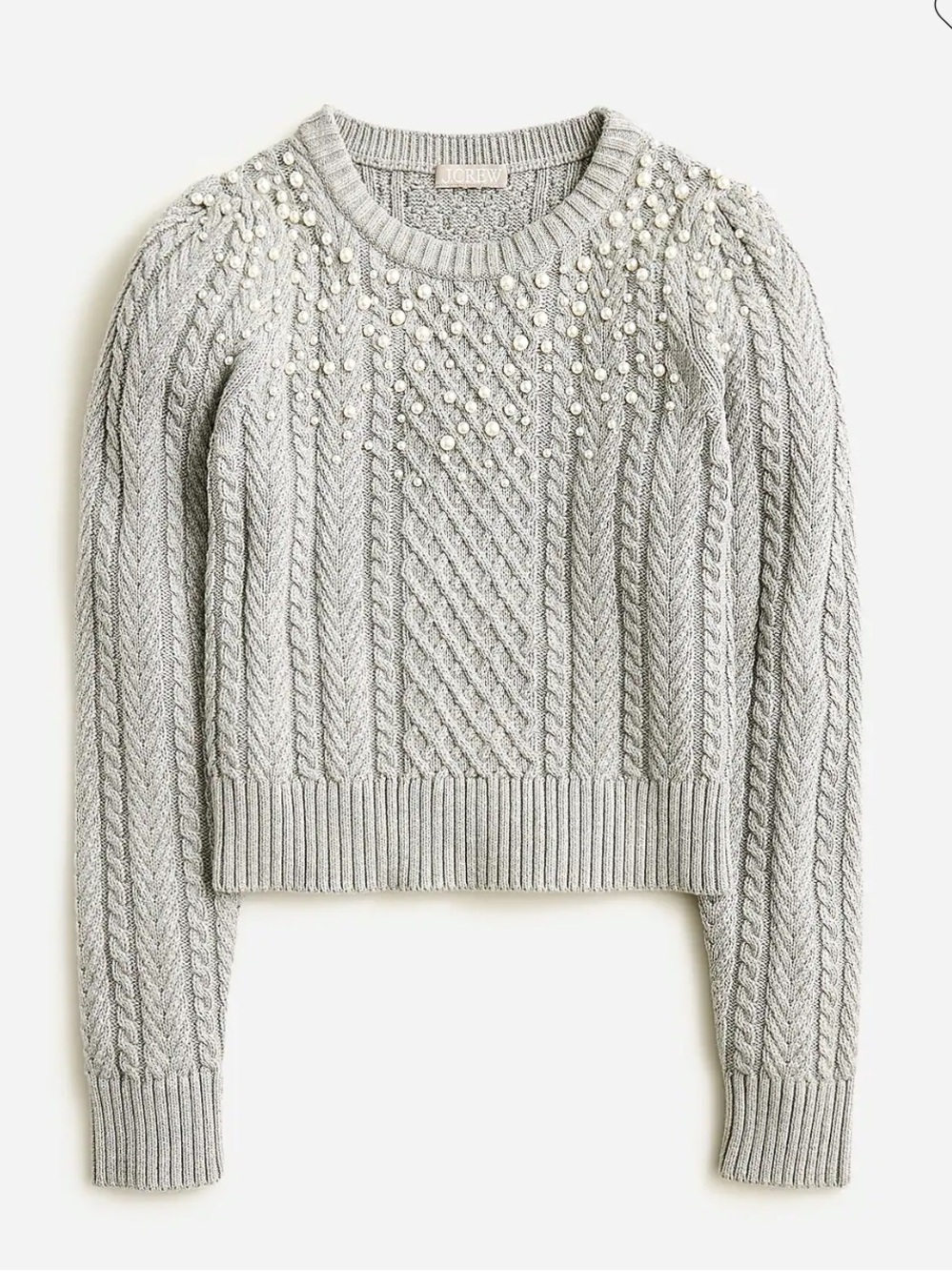 J. Crew. Pearl embellished cotton cable-knit sweater. Size medium